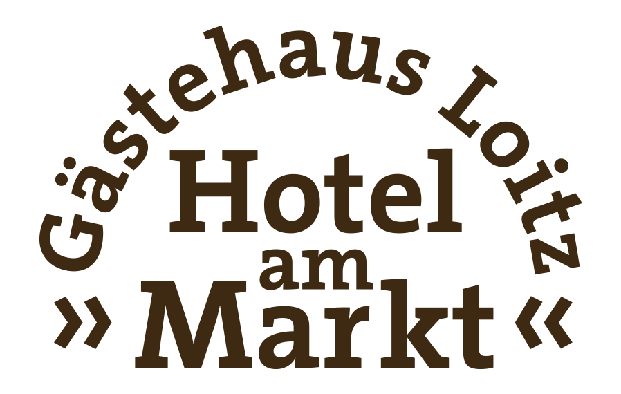 Dunkles Logo der Pension mit Schriftzug: Gästehaus Loitz - Hotel am Markt